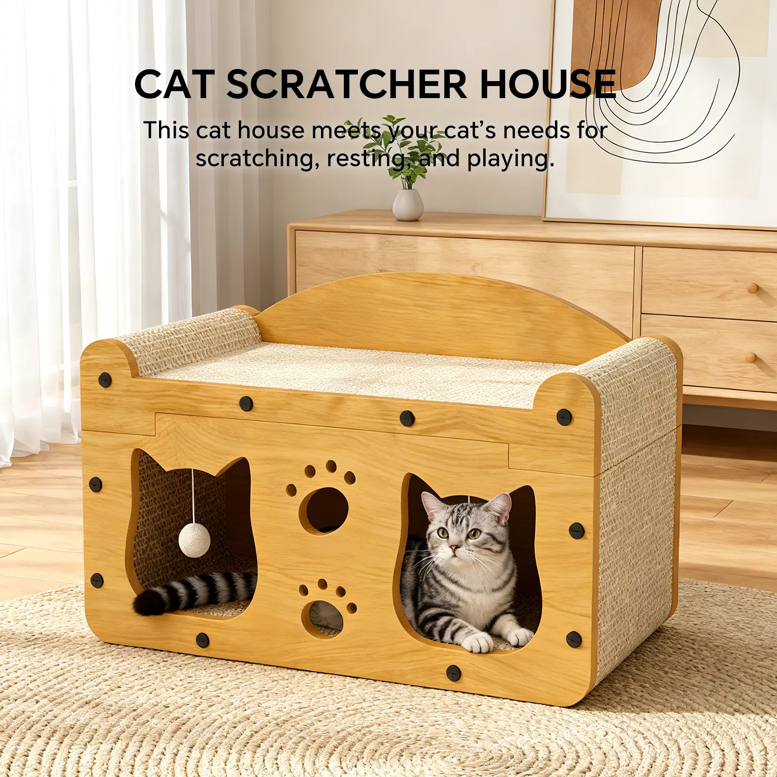 All-Season Comfort Wooden Cat Furniture with Integrated Scratching Pad, Heavy-Duty Double-Layer Cat Bed for Multi-Cat Households, Stylish Indoor Pet Lounge Ideal for Pet Parents and Summer Relaxation
