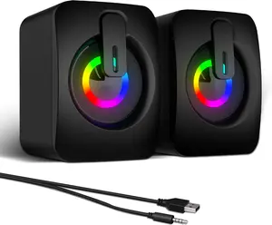 RGB Computer Speakers, USB- PC Speakers with 7-Color LED Backlight, 3.5mm Aux Compact Soundbar for Desktop, Laptop, Tablet  Crisp Audio & Space-Saving Design