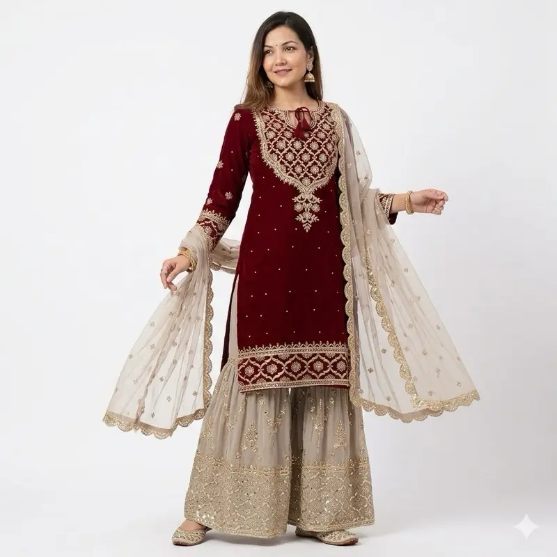 Lady's Original Indian 3-Piece Casual Sharara Set - Red Embroidered Top, Beige Dupatta, Matching Accessories for Women's Casual Wear, Clothes