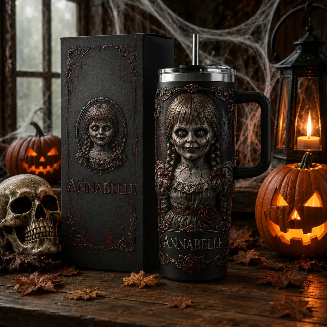 OceanSip4U Annabelle Horror Doll Halloween 40oz Tumbler with Handle & Straw, Stainless Steel Double Wall Insulated Travel Mug, Creepy Gothic Movie Cup, Horror Collector Gift