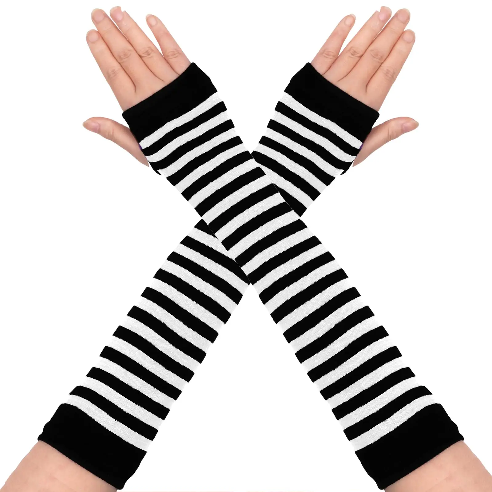 BIGWIG Women's Striped Knitted Cotton Fingerless Elbow-Length Casual Fashion Gloves - 1 Pair, Punk Gothic, Durable, Hand Washable, Machine Safe, Sun Protection, Emo Accessories, Everyday Wear, Ideal Gift for Females, Punk Accessories, Stripes, Arm Sleeve,