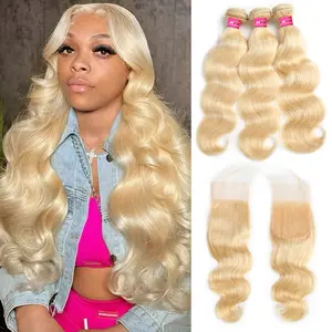 613 Blonde Body Wave Bundles With Closure 4x4 Inch Blonde Human Hair Bundles With Closure Free Part