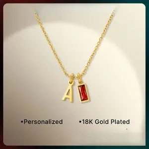 18K Gold Plated Initial Letter A Pendant Necklace with Rectangle Red Crystal CZ Dainty Cable Chain Personalized Alphabet Charm Necklaces for Women Daily Birthday Jewelry Gift
