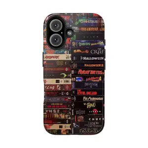 Tough Smartphone Cellphone Casing Protector Accessory - Vintage Spooky Horror Movie VHS Tape Collage Cover for iPhone 11,12,13,14,15,16,17 Pro Max Plus, Retro 80s-90s Classic Film Fan Design with Halloween & Friday the 13th Waterproof Feature