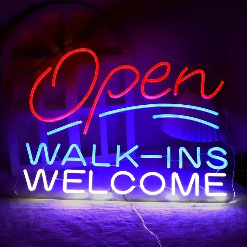 Open Walk-Ins Welcome Neon Sign, LED Neon Light for Salon Barber Shop Tattoo Store Business Wall Decor