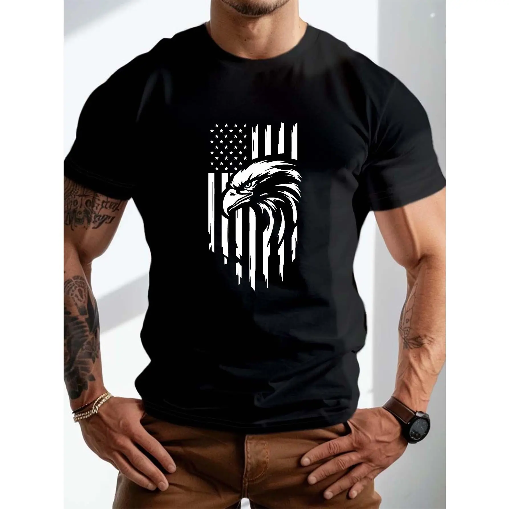 [100% Cotton] Cotton short sleeve T-shirt plus size big & tall men's flag eagle graphic print short sleeve summer T-shirt for daily life  Golf Gift T-Shirt For Men and Women