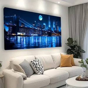 Cityscape Wall Art Modern Decorative Dark Blue Canvas Print for Living Room Bedroom Study Room High-Quality Waterproof UV-Resistant Urban Landscape Design