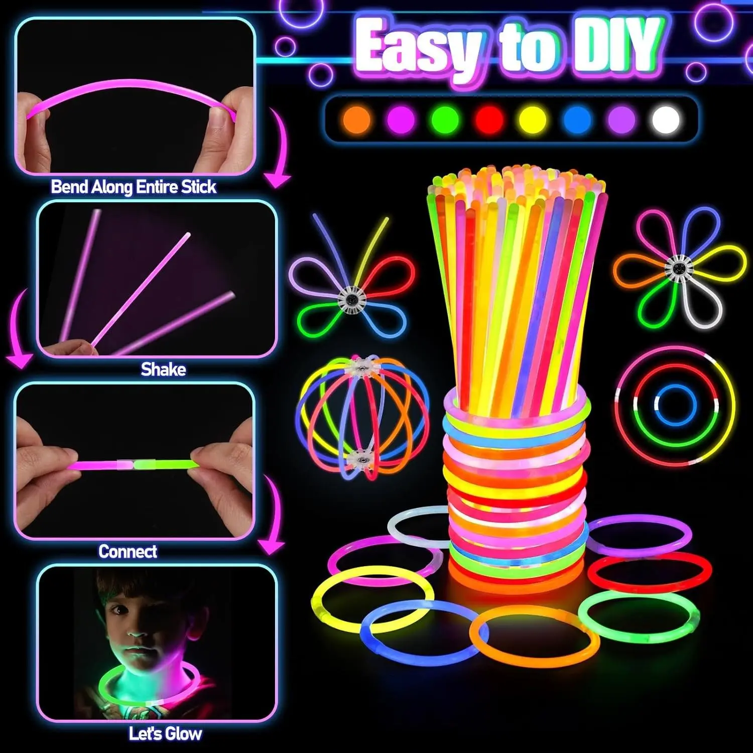 Glow in the Dark 242PCS Neon Party Decor Set, Ultra Bright Light-Up Supplies with 100 Glow Sticks, Glasses, Headbands, Rings for Kids Birthday, Wedding Gifts & Festive Accessories