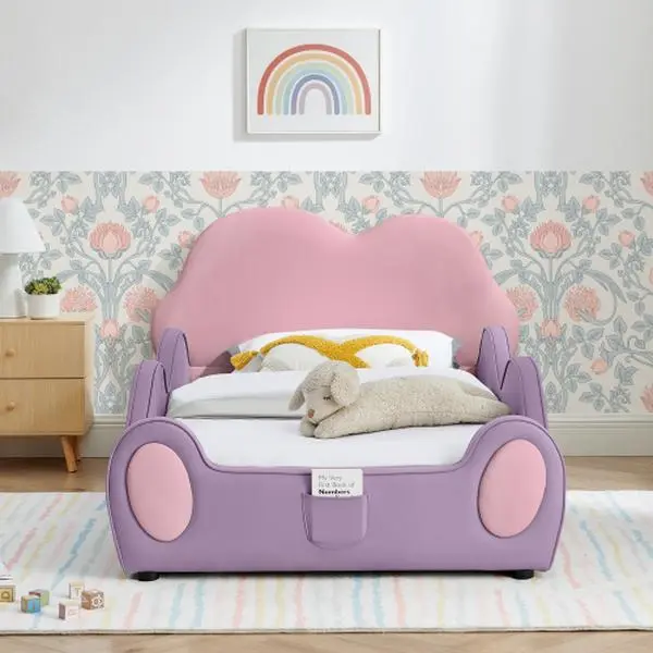 Bellemave  Double Cute Cloud Shaped PU Leather Bed with Guardrail, Safe Preschool Bed, Thoughtful Cartoon Design and Storage Bag