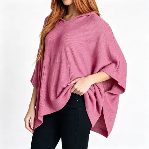 Shewin Women's Soft Breathable Knitted Loose Basic Waffle Knit Hoodie - Oversized V-Neck Half-Sleeve Pullover Top with Pocket, Side Slits, Viscose-Polyester-Elastane Casual Everyday Top