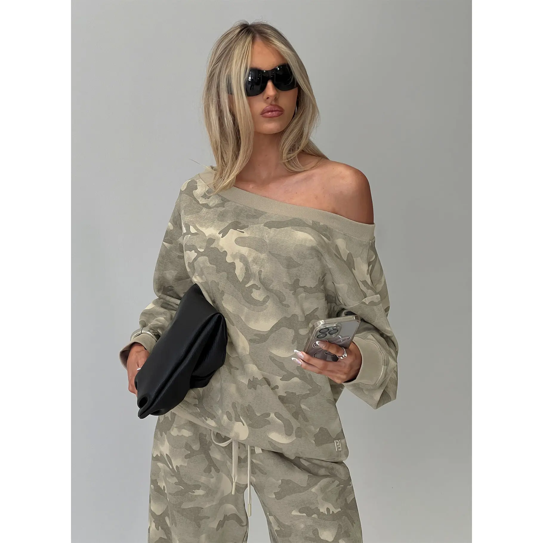 Wellness Off The Shoulder Jumper Washed Camo Wellness Off The Shoulder Jumper Washed Camo