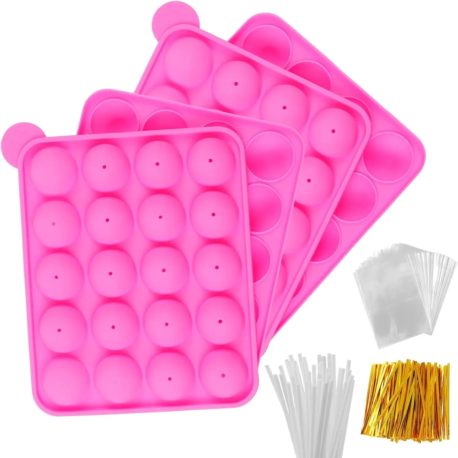 Non-Stick Food-Safe Reusable Silicone Cake Pop Mold Full Kit - 2-Pack Lollipop Molds with Cavities, 40 Sticks, 100 Candy Bags, 100 Gold Twist Ties, Easy Cleaning - For Chocolate, Ideal for DIY Gifts