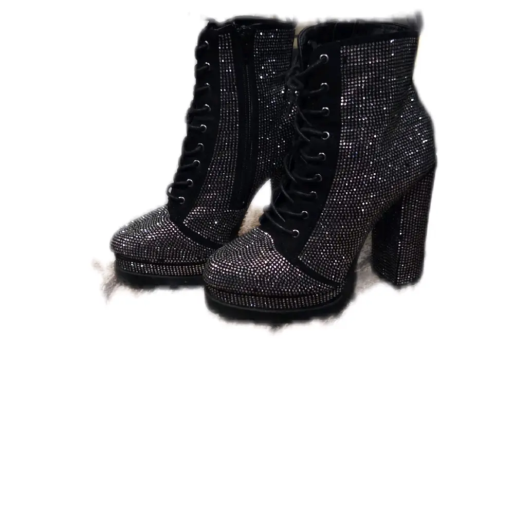 Wild Diva Size 8 Rhinestone Boots with Lace-Up Design and Chunky Heel for Stylish Comfort Women