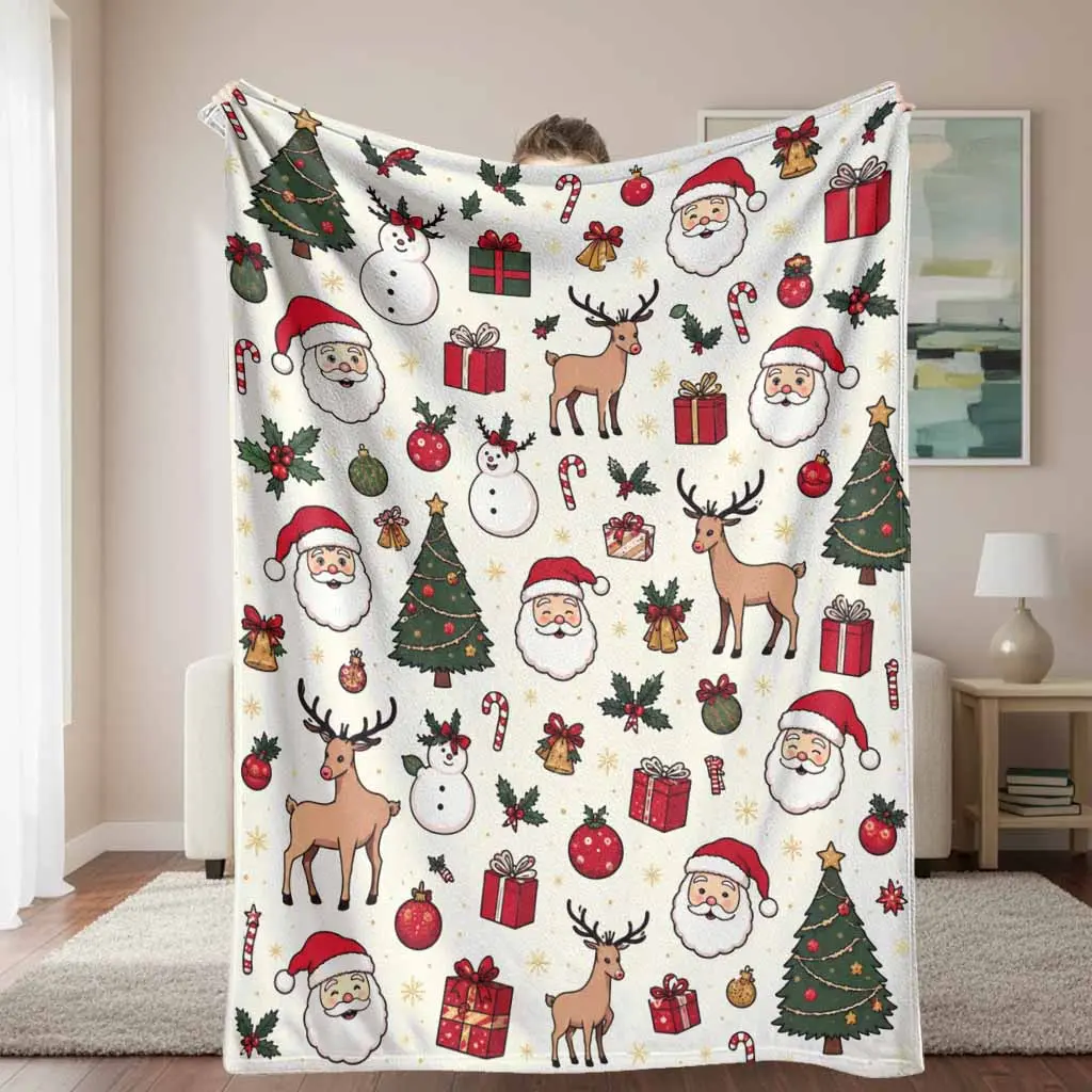 Christmas flannel blanket Santa reindeer snowman tree gift holly candy cane print cozy soft warm lightweight decor for sofa bed office holiday party family present