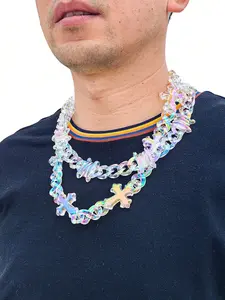 1pc Fashion Hip Hop Multicolor Transparent Acrylic Cross Heart Shaped Chain Necklace, Suitable For Men's Casual Wear, Gift For Christmas, New Year, Valentine's Day, Holiday