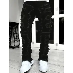 Unisex Slim-Fit Straight-Leg Jeans with Tassel Details - Elastic Waistband, Striped Pattern & Distressed Texture - Machine-Washable Hip-Hop Streetwear for Skateboarding & All-Season Wear, Casual Street Pants |   Trendy Urban Pants |    Menswear Trouser