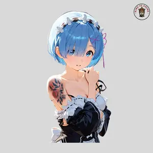 Rem Waifu Sticker, Tattoo Rose Shoulder Maid Outfit, Anime Girl Laptop and Phone Decor
