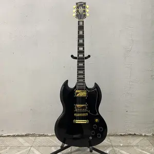 SG electric guitar with rosewood fingerboard, equipped with HH acoustic pickups, gold hardware and black lacquer finish. Ships immediately.