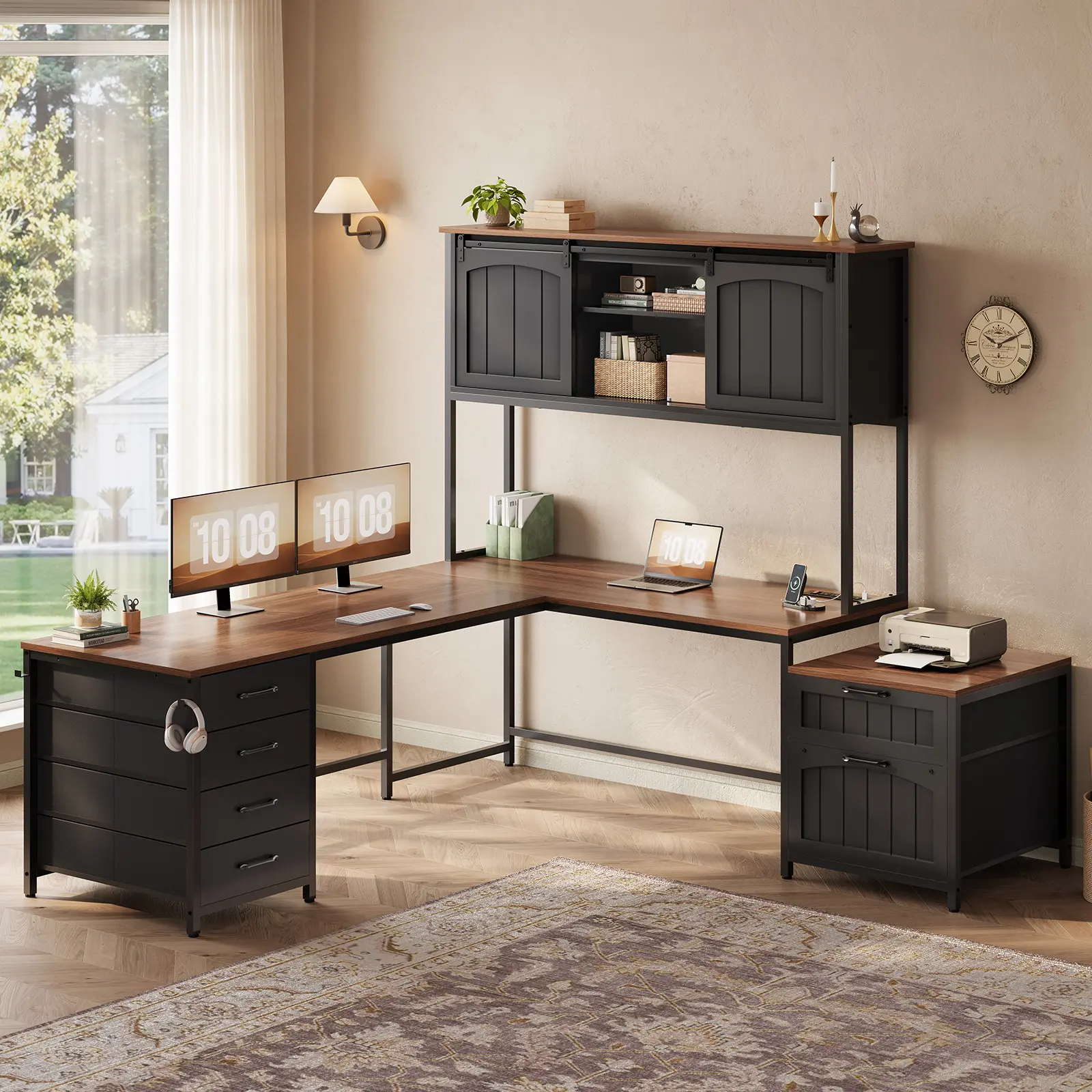 Sedeta 63-Inch Modern Farmhouse L-Shape Laptop Desk - Home Office Modern Computer Workstation, Reversible Iron-Wood Multi-Purpose Durable Multi-Drawer Computer Workstation with 6 Storage Drawers, Power Outlet, Hutch, Spacious Worksurface, Modern Computer