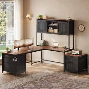 SEDETA 63 Inch Farmhouse L Shaped Office Desk with 6 Drawers Reversible Computer Corner Desk with Power Outlet and Hutch