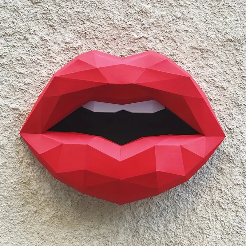 26cm 3D DIY Cardboard Fold Art Red Lips Decor Figurine, Low-Poly Papercraft, Handcrafted Hanging Ornaments Set, for Home House Decoration, Thanksgiving Occasions