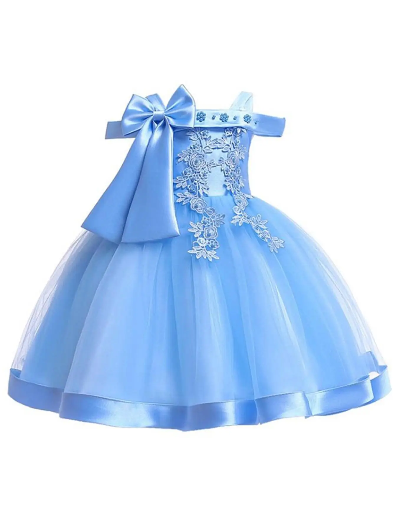 Girl's Faux Pearls Appliques Bow Decor Satin Party Dress, Elegant Sleeveless Dress for Party Wedding Guest, Kids Clothes for All Seasons