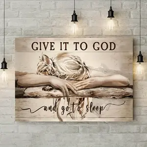 [Inspirational Wall Art] Rustic Wooden Texture Inspirational "Give It to God" Framed Canvas Wall Art - 11.8x15.7 Inches, Ready to Hang, Perfect for Home Decor, Bedroom, or as a Thoughtful Gift, Large Wall Art