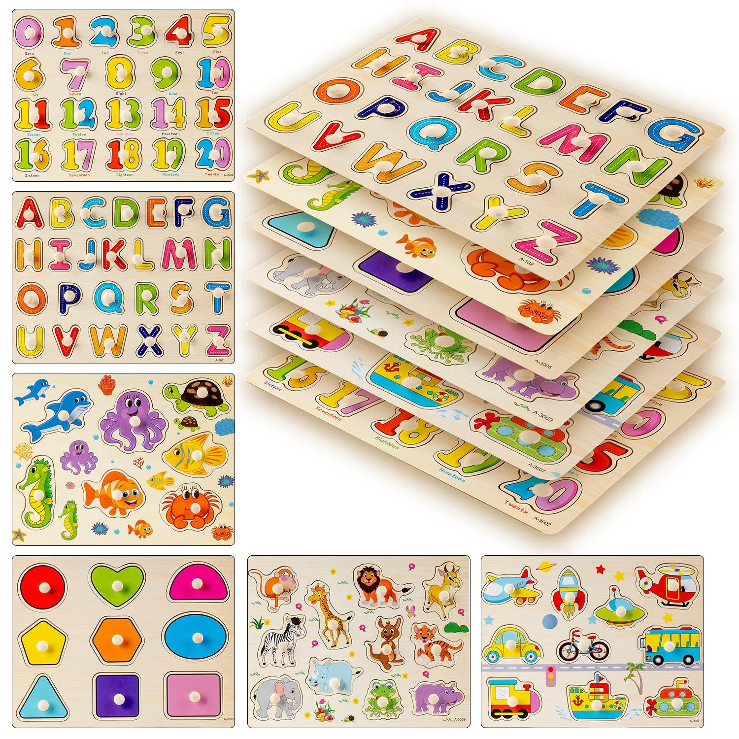 Wooden Peg Puzzle for Toddlers, 6 Pack Toddler Puzzles Set for 3 4 5 Years Old (Alphabet Number Shape Animal Dinosaur Vehicle), Preschool Education Learning Puzzle Toys for Girls and Boys