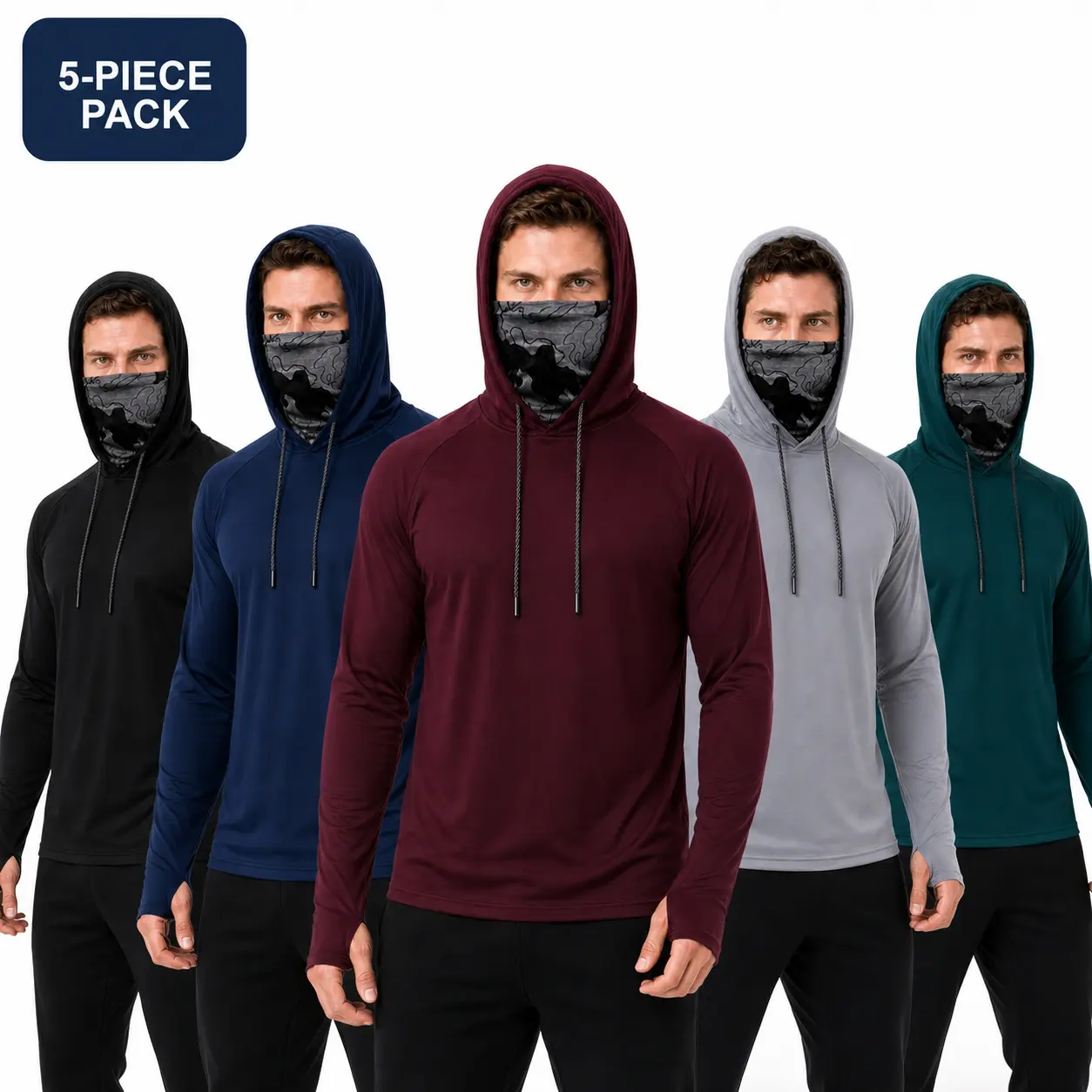 Male Deep Red Hooded Work Shirt - Polyester, Built-In Face Cover, UPF 50+ Long Sleeve Quick-Dry Top, Machine Washable for Construction, Yardwork