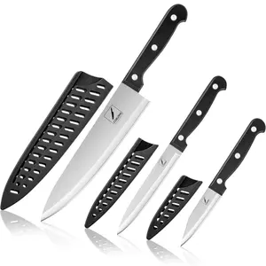 Kitchen Knife Set with Sheath - 3-Piece Set of 8 Inch Chef, 4.5 Inch Utility, 4 Inch Paring Chef & Stainless Steel Black - Block