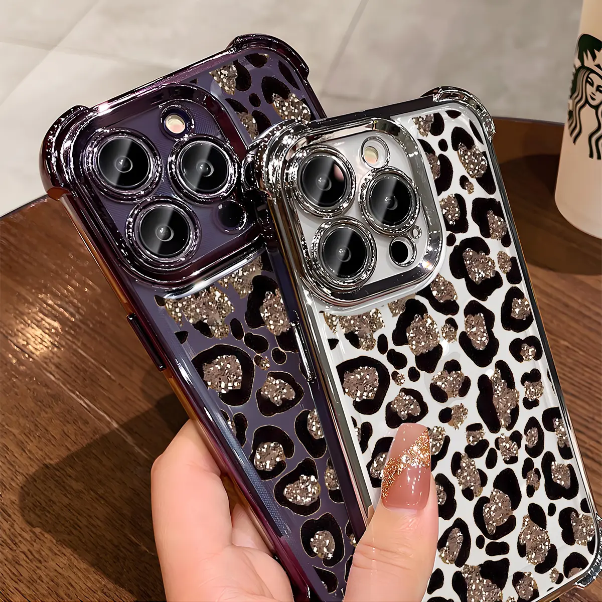 Leopard-Print Fashion Smartphone Case - Electroplated Handheld Cellphone Cover with Airbag Shockproof Slim Soft TPU Protection for iPhone X,11,12,13,14,15,16,17 Pro Max Plus Air Devices, Casing