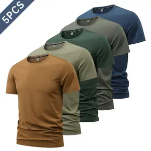 Men’s plus-size casual short-sleeve T-shirt set (5 pieces), men’s undershirt — breathable, soft and comfortable, solid color minimalist design, crew neck, suitable for everyday wear, Foldable, Plain Finish