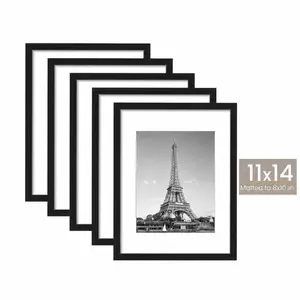11x14 Picture Frame Set of 5, Perfect for Couples & Families, Display Pictures 8x10 with Mat or 11x14 Without Mat, Wall Gallery Photo Frames, Black Decor Plastic Light