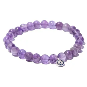 LA LUNA LOS ANGELES Amethyst Bead Bracelet with Sterling Silver Evil Eye Charm