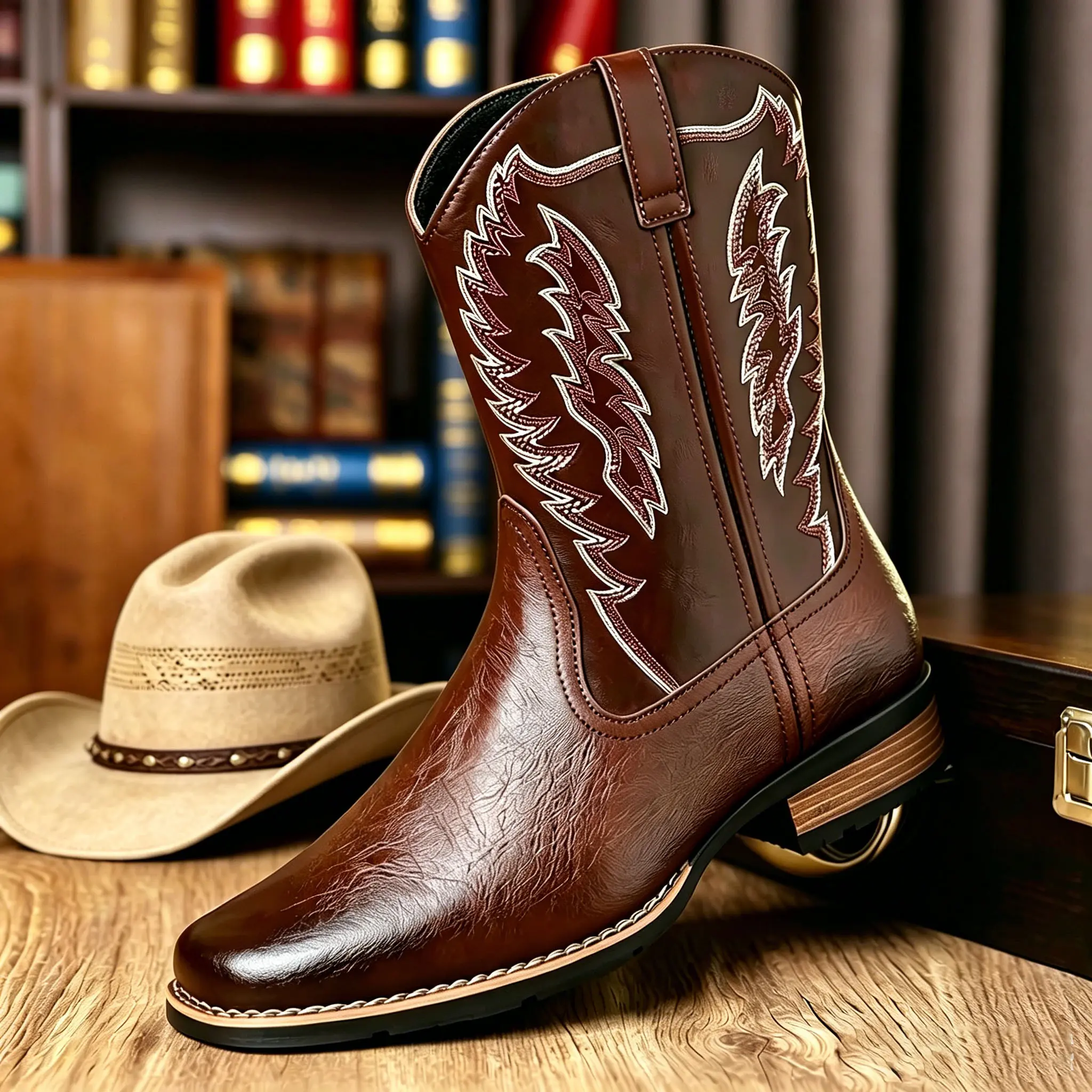 Men’s fashion cowboy boots — solid color design, classic style, wear-resistant rubber sole, suitable for outdoor and street styles; men’s fashionable style, black men’s shoes, work boots.