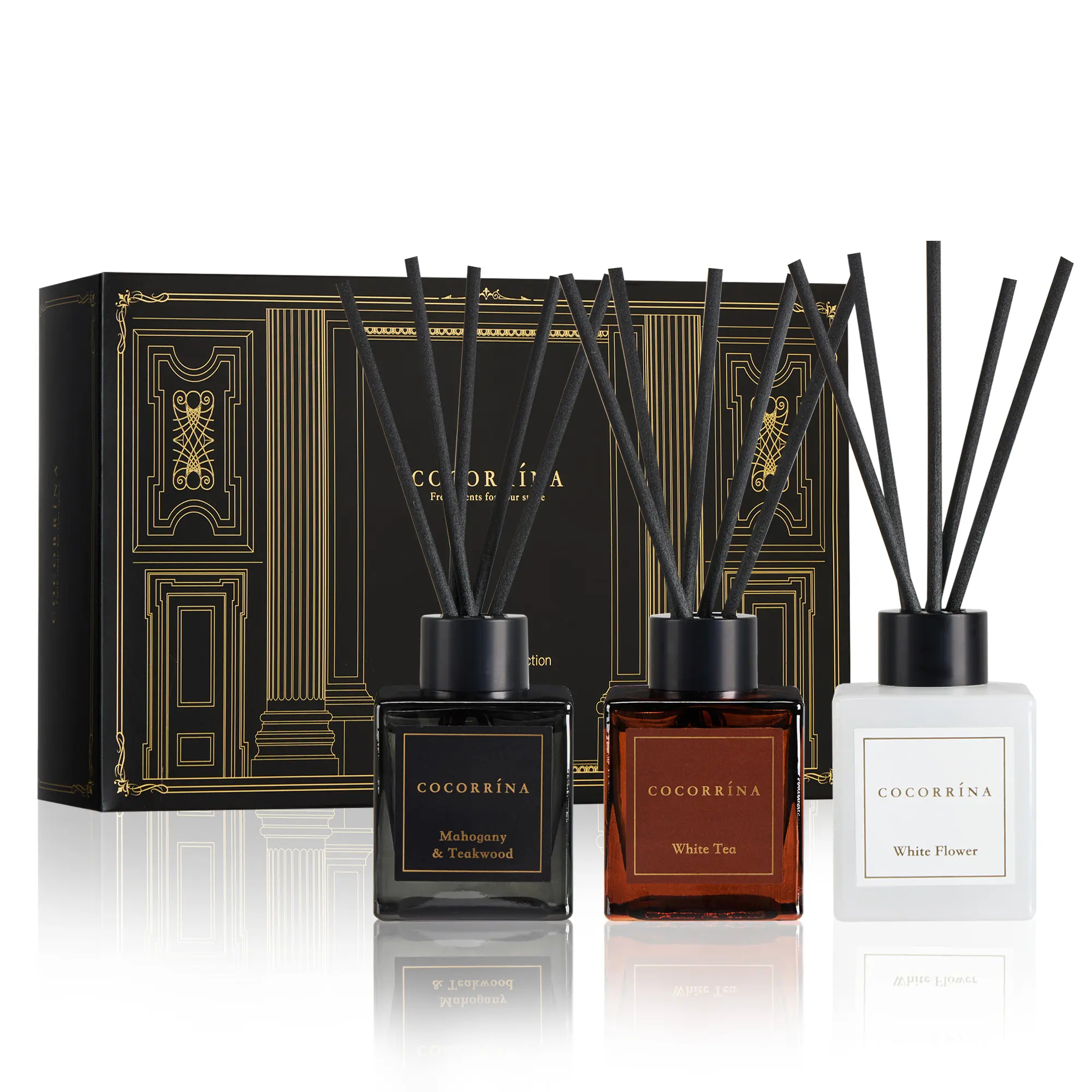 COCORRÍNA Hotel Collection Reed Diffuser Set, 3.04 fl oz Trio, Mahogany Teakwood, White Flower & White Tea, Home Fragrance for Bathroom, Bedroom, Entryway & Office