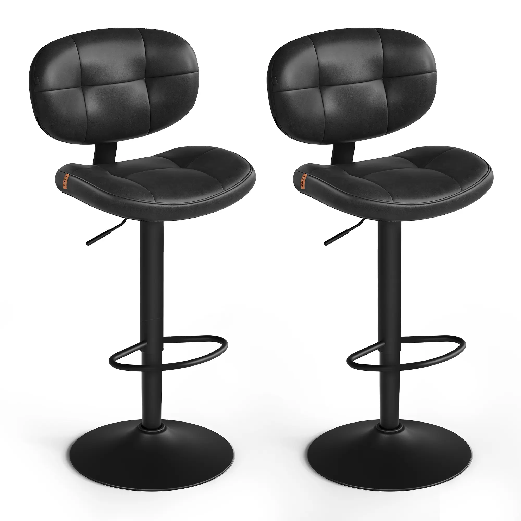 VASAGLE Bar Stools Set of 2, Height Adjustable Kitchen Barstools, Swivel Bar Chairs with Back and Footrest, Quilt PU Leather Surface, Dining Room, Counter, Steel