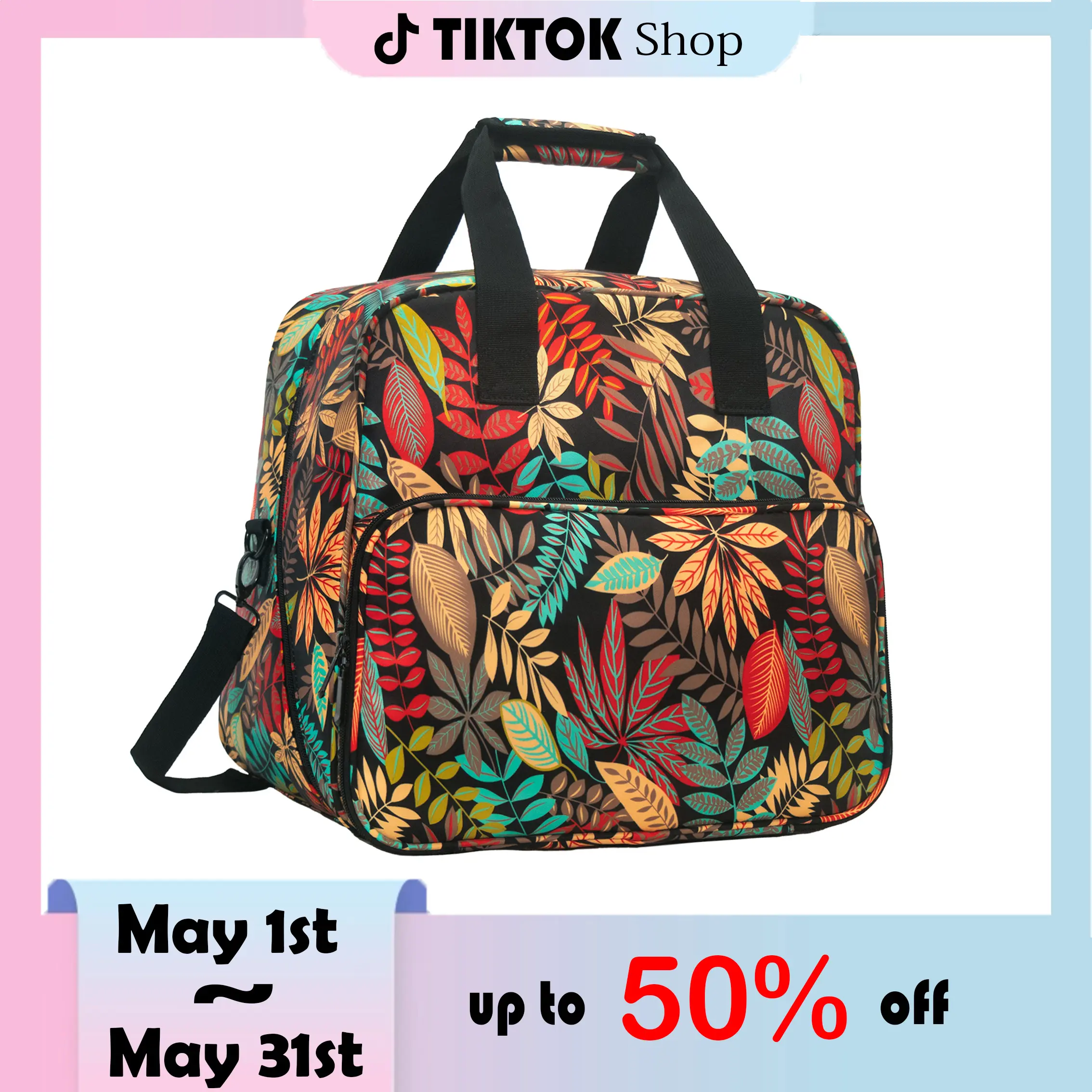 （Leaf petal）Universal sewing machine carry case,casual large capacity travel bag, water-resistant oxford fabric handbag, adjustable shoulder strap and multiple pockets| Portable storage bag, suitable for home, travel black leaf flower, sewing machine bag