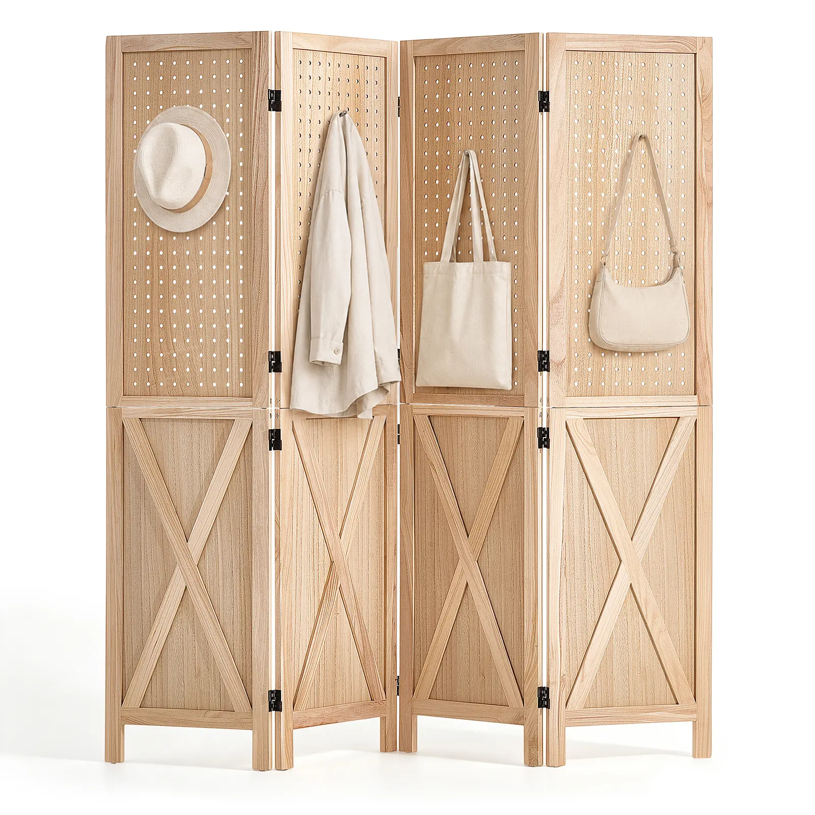 VEVOR Wood Room Divider 4 Panels 59.8" Pegboard Wood Folding Privacy Screen, For Room Separation & Home Decor, Solid Frame with X Pattern, 360° Two-Way Hinges, Rustic Wooden Partition with Hardware#BacktoSchool