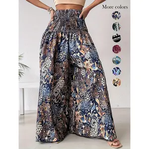 Women's Modest Islamic Ethnic Pattern Shirred High Waist Wide Leg Palazzo Pants, Bohemian Boho Clothing for Daily Vacation Wear, All-Season Ladies Bottoms