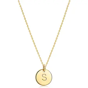 Initial Necklace for Women Round 11MM Coin Disc Double Side Engraved Letter A-Z Hammered Pendant 14K Gold Plated Personalized Alphabet Birthday Jewelry 17.5"
