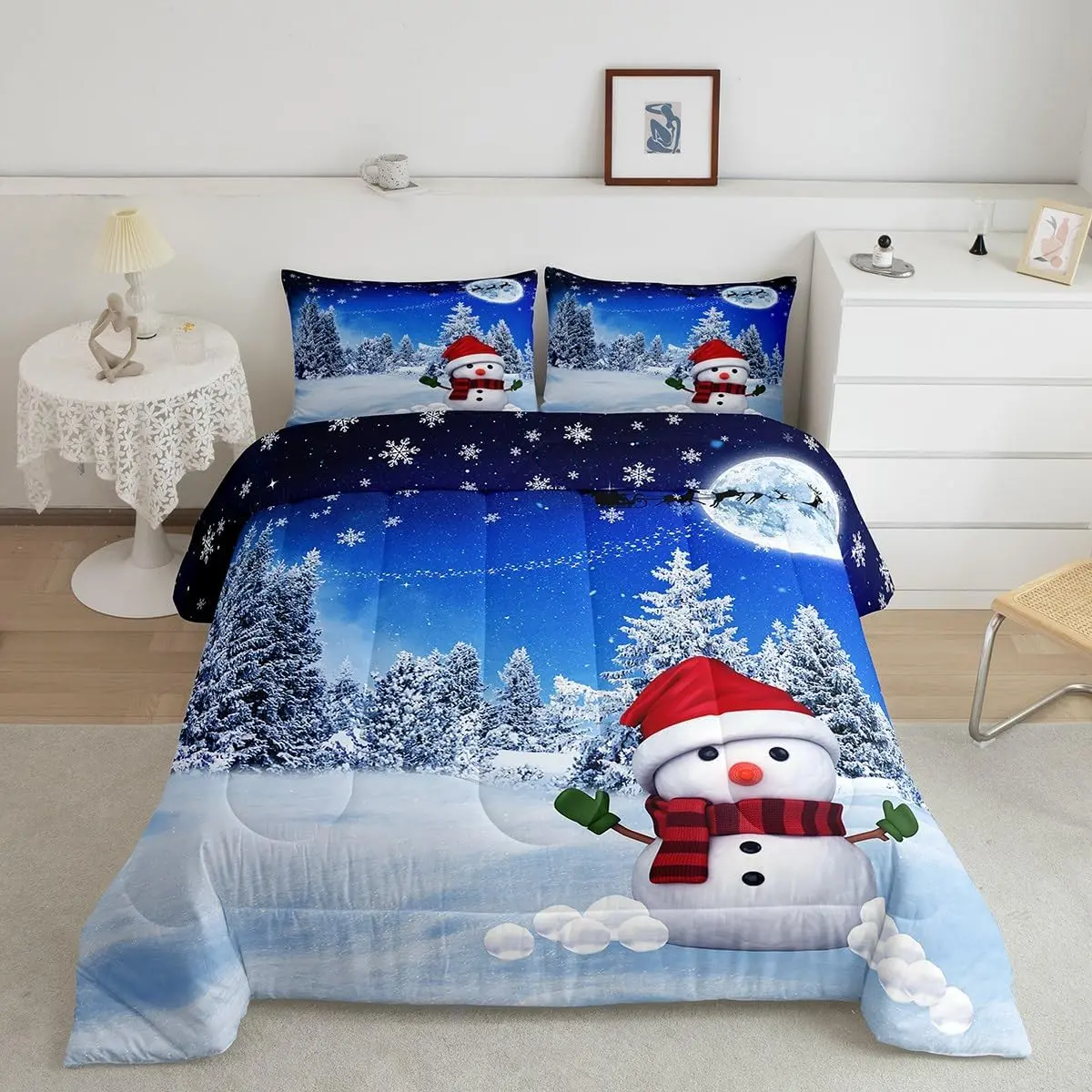 Feelyou Comfy Printed Multi-Size Reversible Christmas Bedding Set - 3D Digital Print Reindeer, Snowman, Snowflake Designs, Breathable Fabric Winter Comforter Quilt, Dreamy Blue for Full, Queen, King Beds, Comfy Bedding Set, Printed Bedding Set