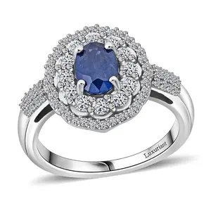 Premium Blue Sapphire and SI Luxuriant Lab Grown Diamond 1.65 ctw Crown Radiance Ring in 10K White Gold Size 7 Christmas Gifts