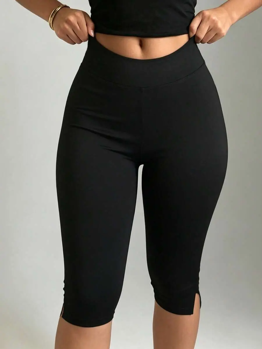 Women's Black Elastic Casual Sports Fitness Pants With Split Hem, Capri Length Summer