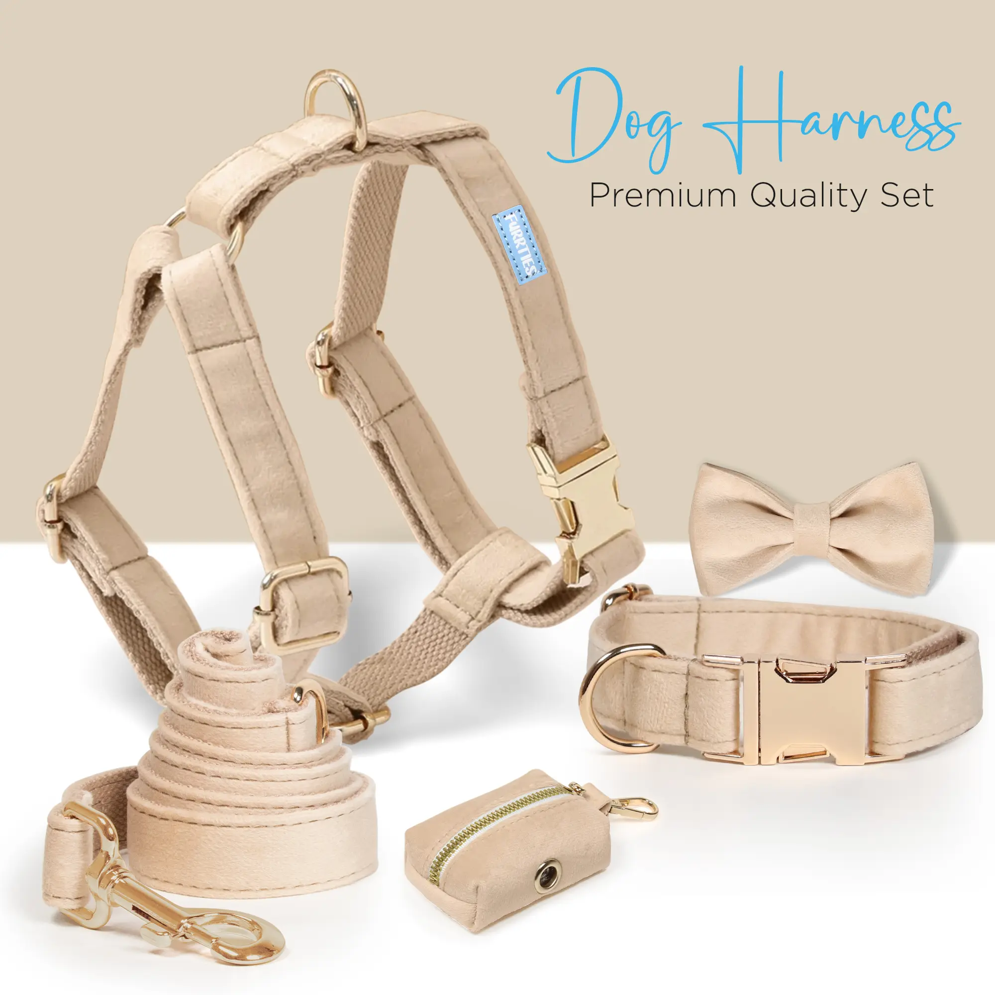 Ultimate Pet Accessory Set - Velvet Dog Collar, Harness, Leash, Bow & Bag - Premium Ultra-Soft Material, Adjustable Fit, Gold Hardware Detailing
