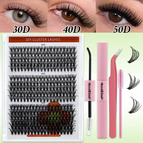 320PCS Clusters Lashes Cosmetic Kit - 30D-40D-50D D Curl Pre-Mapped Dramatic Cosmetic Lash Extensions, Eyelash Extension Glue, Bond, Seal, Tweezer, Brush for At-Home DIY Eyelash Kit Use
