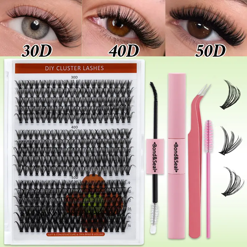 320PCS Clusters Lashes Cosmetic Kit - 30D-40D-50D D Curl Pre-Mapped Dramatic Cosmetic Lash Extensions, Eyelash Extension Glue, Bond, Seal, Tweezer, Brush for At-Home DIY Eyelash Kit Use