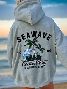 Chic Women's Coconut Tree Print Fabric Fitted Hoodie Sweatshirts, Drawstring Detail & Pocket Design, Casual Long Sleeve Pullover, Tops