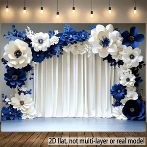 1pc white and dark blue fabric drapery adorning banner, Wedding party backdrop - suitable for weddings, events, studio arrangements, with light grey walls and light blue floors, asymmetrical balanced floral arrangement, central details