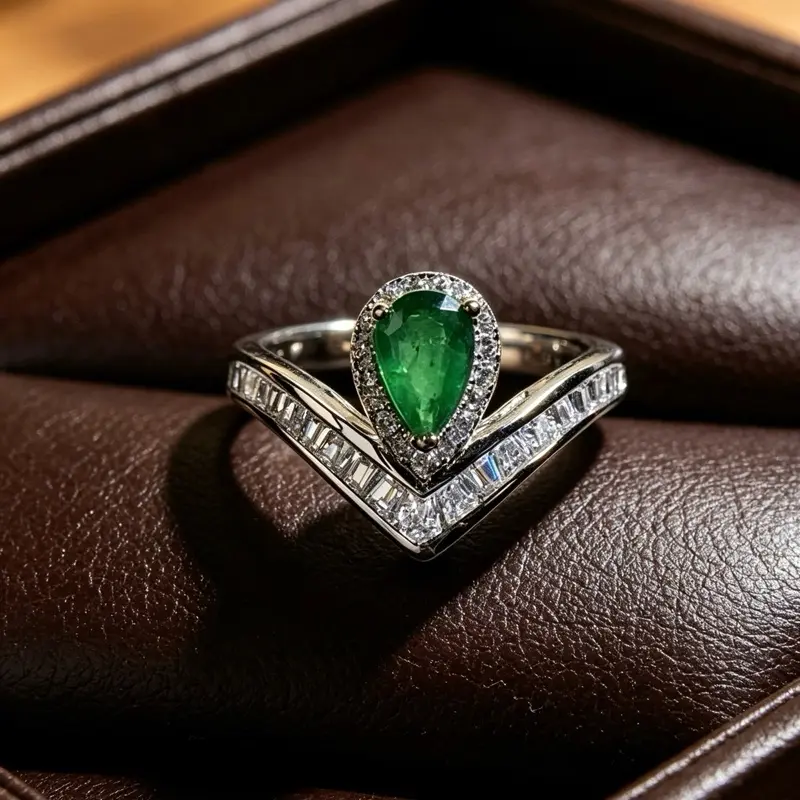 <PingEast jewelry > Emerald ring503--925 sterling silver ring featuring a 4×6mm teardrop-shaped natural Colombian emerald in a Chaumet Paris-inspired design